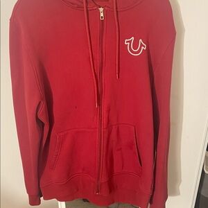 True Religion Red Full-Zip Hoodie with White Horseshoe Patch
